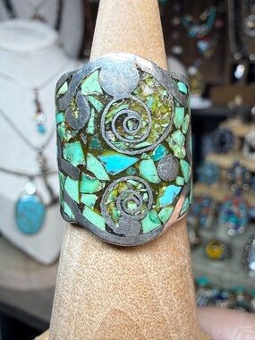 Turquoise Mosaic Inlay Sterling-Style Statement Ring - Green Turquoise